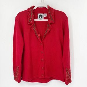 Storybook Knits Beaded Christmas Cardigan‎ Sweater Sz S Red Button Up Collared